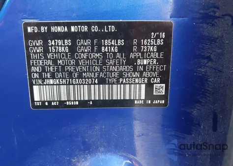 2016 Honda Fit Ex z USA, uszkodzony, nr VIN JHMGK5H71GX032074